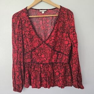 Knox Rose Babydoll Top Womens XL Red Rose Floral Boho Hippie Peasant Flowy